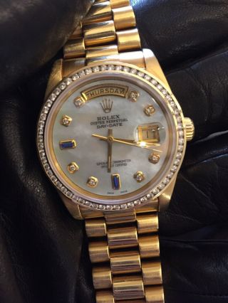 Rolex Day - Date President 18k Yellow Gold Watch Diamond Bezel Mop Face 36mm