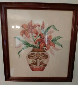 Lovely Vintage Floral Needlepoint Picture In Custom Cherry Wood Frame 17 " By 19 "