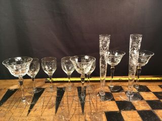 Gorgeous Set Of 10 Vintage Cut Etched Crystal Flowers Wine Champagne Glasses