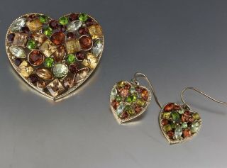 Vintage Gold Tone & Green Brown Crystal Glass Rhinestone Heart Earring & Pin Set