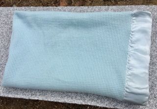 Vintage Qulitex Thermal Blue Baby Blanket Nylon Satin Binding,  Union Label.