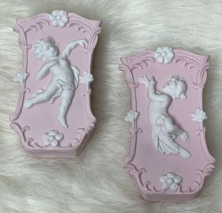 Vintage Pink Cherub Ceramic Wall Pocket Set Japan Collectible Victorian Inspired