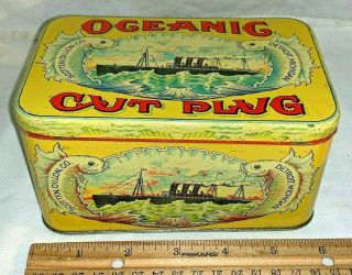 Antique Oceanic Cut Plug Tin Litho Tobacco Can Detroit Mi Fish Steamship Vintage