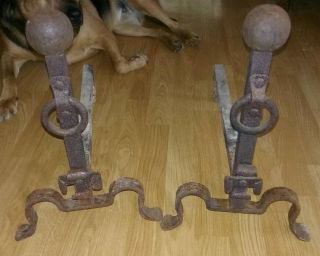 Pair Unique Antique Large Hand Wrought Iron Fire Dogs Andirons Hearth Fire Place