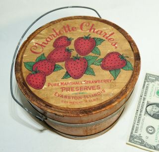 1950s Vtg Strawberry Preserves Charlotte Charles Wood Bucket Can Country Store