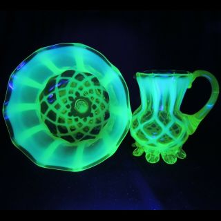 Rare Antique Webb`s Uranium Opalescent Vaseline Studio Art Glass Bowl & Jug