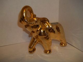 Vintage Gold Ceramic Elephant Planter Trunk Up for Good Luck Mid Century Modern 2
