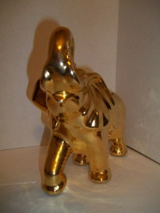 Vintage Gold Ceramic Elephant Planter Trunk Up for Good Luck Mid Century Modern 3