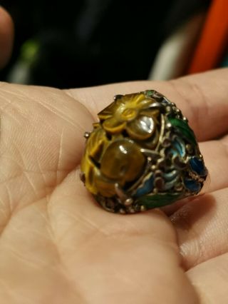 Antique Sterling Silver 925 Carved Tigers Eye Enamel Chinese Ring Adjustable