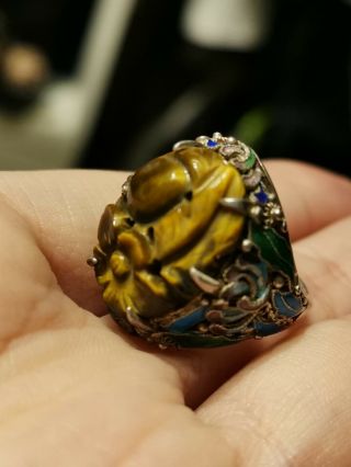 Antique Sterling Silver 925 Carved Tigers Eye Enamel Chinese Ring Adjustable 2