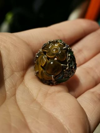 Antique Sterling Silver 925 Carved Tigers Eye Enamel Chinese Ring Adjustable 3