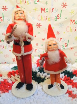 Vintage Pair Santa Clause Figures Cardboard Felt Christmas Japan