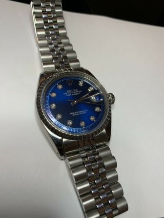 Men’s Woman’s Rolex Datejust 1603 Watch 36mm Ss Blue Diamond Dial Jubilee Band