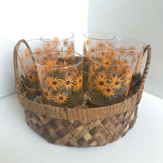 Set Of 6 Vtg Jane Lynn Tumbler Glasses Sunflowers 5.  5 " Tall W/ Basket Carrier