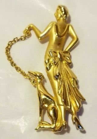 Vintage Art Deco Style Lady Walking Dog Brooch Pin In Matte Gold Finish