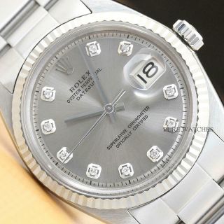 Mens Rolex Datejust Gray Diamond 18k White Gold/ss Steel Watch W/oyster Band