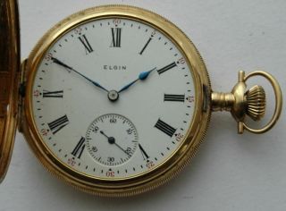 Good Antique 14ct Solid Gold Hunter Pocket Watch Elgin Usa Fancy Decorative Case