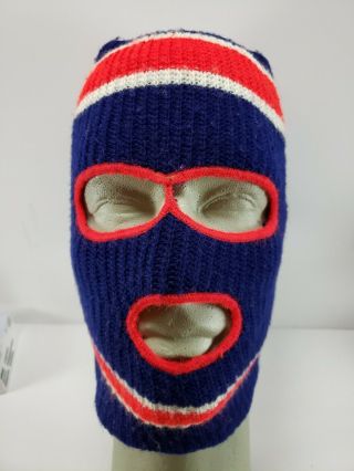 Vintage Ski Mask Full Face 3 Holes Knit Winter Hat Navy Blue Red White 70 
