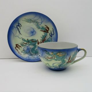 Dragon Ware Moriage Blue Tea Cup Saucer Dragonware Japan Vintage
