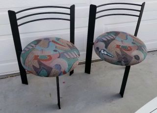 Mid Century Post Modern Memphis Art Style 3 Legged Flat Iron Sitting Chairs Pair