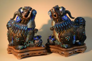 Antique Big Chinese Foo Dogs Gilt Silver Filigree Enamel With Stands