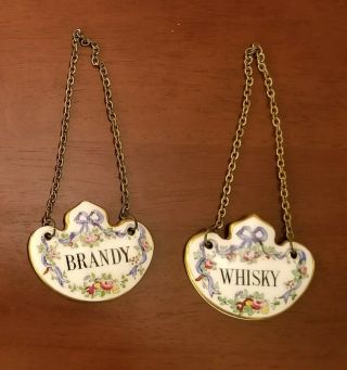 2 Vintage Crown Staffordshire Bone China Brandy & Whisky Decanter Labels