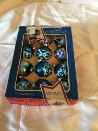 12 Vintage Coby Glass Christmas Tree Ornaments - Blue Glitter Stencil Usa - Box