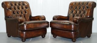 Restored Pair,  Chesterfield Hand Dyed Cigar Brown Leather Scroll Back Armchairs
