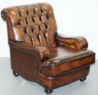 RESTORED PAIR,  CHESTERFIELD HAND DYED CIGAR BROWN LEATHER SCROLL BACK ARMCHAIRS 2
