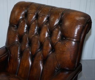 RESTORED PAIR,  CHESTERFIELD HAND DYED CIGAR BROWN LEATHER SCROLL BACK ARMCHAIRS 3