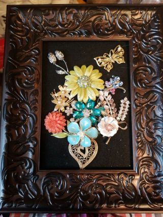 Vintage And Contemporary Jewelry Art Framed Ooak Flower Bouquet