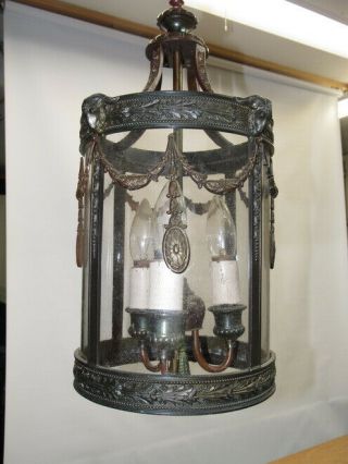 Vintage Brass Bronze Shiny Hanging Lantern Chandelier Lamp Art Nouveau Old