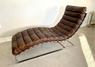 Mid Century Modern Vintage Restoration Hardware Oviedo Brown Leather Chaise 3