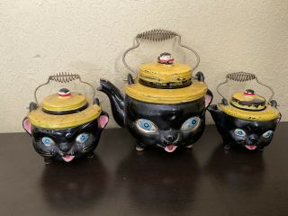 Vintage Antique Redware Pottery Anthromorphic Black Cat Tea Pot Cream Sugar Set