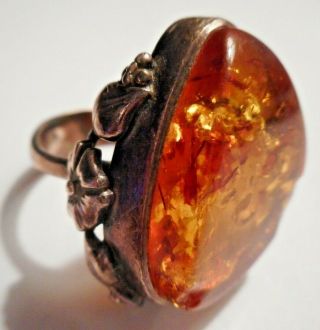 Vintage Sterling Silver 925 Large Amber Flower Ring Size 9 2