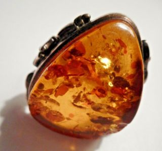 Vintage Sterling Silver 925 Large Amber Flower Ring Size 9 3