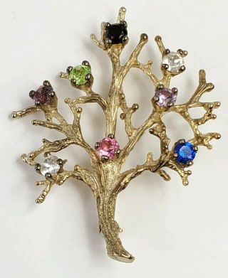 Vtg Sterling Silver Family Tree Of Life 8 Multi - Color Rhinestones Brooch Pin