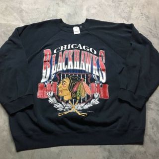 80s 90s Vtg Chicago Blackhawks Xxl Raglan Sweatshirt Black Made Usa 50/50 Logo