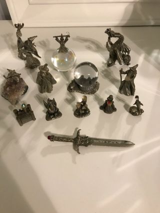 Vintage 13 Pewter Figurines Mythical Dragons Wizard Crystal Ball Spoontique
