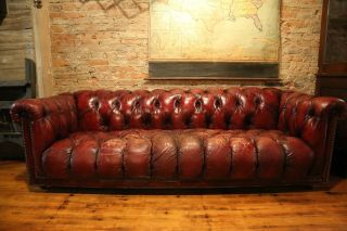 Vintage Chesterfield Sofa tufted button Red Oxblood Leather 1960s Era RARE 2