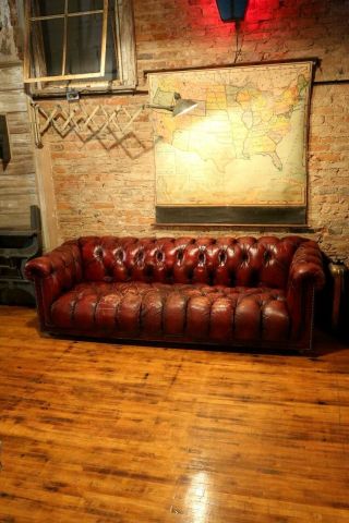 Vintage Chesterfield Sofa tufted button Red Oxblood Leather 1960s Era RARE 3