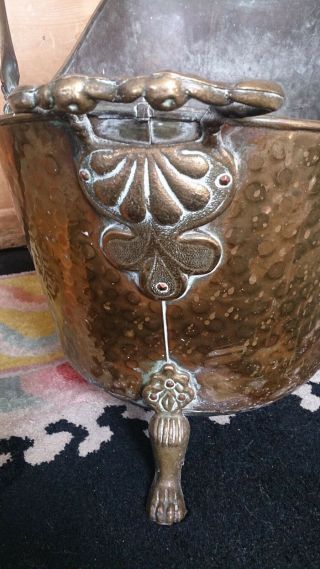Arts And Crafts Hammered Brass Coal Bucket With Lion 
