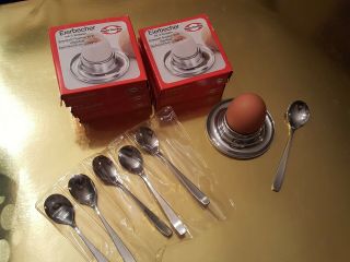 Eierbecher Egg Cups - Mid Century Stainless Steel Germany - With Spoons - Nib