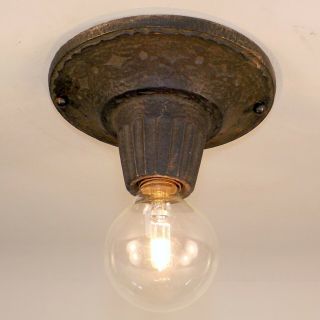 Antique Arts Crafts Tudor Cast Iron Flush Single Light Ceiling Fixture Rewired