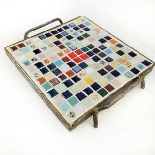 Vintage Retro Mosaic Tile Trivet Metal Frame Handles & Feet Mcm Handmade Multi
