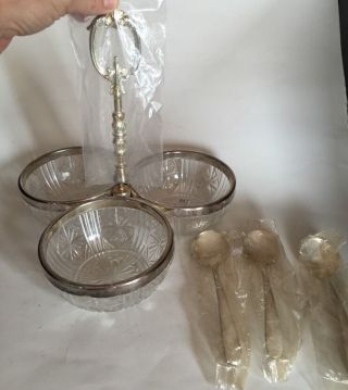 Leonard Crystal And Silver Plate Condiment Set Plus 2 Spoons