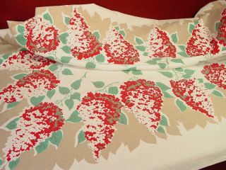 Vintage 1950s Red Lilac Floral Print Tablecloth 48 " Square Cotton Fabric