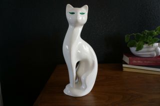 Vtg Mid Century Modern Ceramic Cat Figurine White Green Eyes Siamese