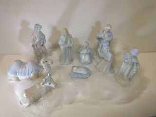 Vintage Nativity Set Christmas 9 Piece Porcelain Dynasty Classics White Blue