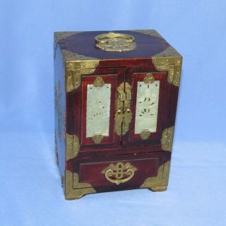 Chinese Jewelry Box Chest W/4 Drawers,  Wood W/brass - Vintage 1980s